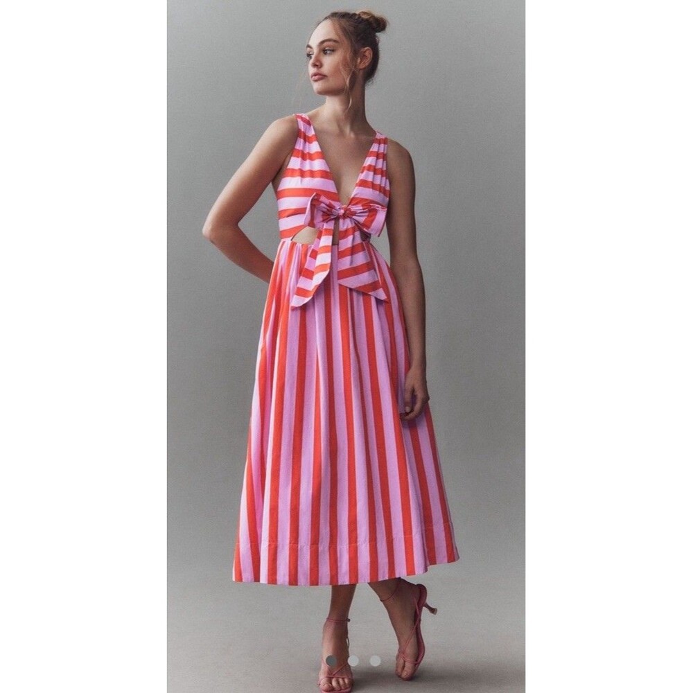 BHLDN Pink and Red Striped Midi Dress